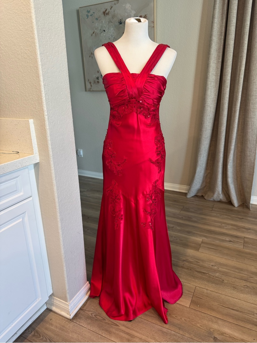NWOT junior size 5/6 maxi prom Red Satin Evening Gown with Beaded Appli